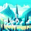 Placeholder: Beautiful village, church, trees mountains, aquamarine colour background,illustration.