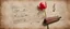 Placeholder: Hyper realistic red tulip on the side of a vintage paper with harmonica instrument & small musical notes