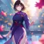 Placeholder: Clear focus,High resolution, one girls, Short brown hair, Purple eyes, Wearing a techy outfit standing with blurry sakura leafs falling down