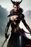 Placeholder: Female Tiefling warrior, demon horns, demon tail, ominous, facepaint, waist up portrait, intricate, oil on canvas, masterpiece, expert, insanely detailed, 4k resolution, retroanime style, cute big circular reflective eyes, cinematic smooth, intricate detail , soft smooth lighting, soft pastel colors, painted Renaissance style