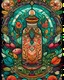 Placeholder: front cover book libro infantil, A majestic Witch Bottle Stained Glass illustration at the mandala's center, surrounded by intricate patterns and floral motifs. of a Fantasy technicolor