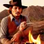 Placeholder: johnny depp as indiana jones smoking, around a fire, in the desert, photo shoot