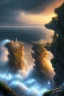 Placeholder: An illuminated city at top on a rough cliff at the stormy sea at sunset, 8k resolution, high-quality, fine-detail, intricate, fantasy art, detailed matte, volumetric lighting, illustration, 3D