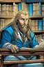 Placeholder: royal scribe sitting in library, noble face, blue eyes, full beard, long blonde hair, digital comic style