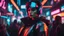 Placeholder: Generate an alluring photograph of a woman in a cyberpunk costume, immersed in the vibrant glow of neon lights, intricate cybernetic enhancements, and the gritty atmosphere of a technologically advanced dystopia.