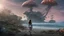 Placeholder: detailed matte painting of a wide-angle shot of a woman standing on the right-hand side of an alien beach, with dark hair in a silver robotic catsuit, many floating mushroom with jellyfish tentacles, alien jungle trees in the distance, deep colour