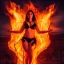 Placeholder: woman made of fire, succubus, fire clothes, full body portrait, long flowing hair, only wearing fire-colored bikini, highly detailed, real life photo, photo quality, extremely detailed, high quality, standing in fire