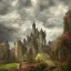 Placeholder: Epic Castle into sky, with flowers of fyre. Huge clouds and birds. Shy girl going out of the main gate. Detailed painting, sharp color, medieval, intricate detail, far sceen, realistic colors, medieval concept art. spring.