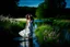 Placeholder: shot from face front green field and wild flower field ,beautiful girl in pretty dress curly hair walking in water toward camera in trees next to wavy river with clear water and nice sands in floor.camera capture from her full body front, spring blosom walking to camera ,camera captures her upper body ,wild flowers moving in the wind ,blue sky,moving pretty clouds ,joy full facet.