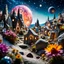 Placeholder: Close-up photograph of a village, naïve, people, flowers, houses, rock formations, stars and planets, animals, crystals, mineral concretions, extreme detail, intricate, volumetric light, colours, Tim Burton, Max Ernst, Yves Tanguy, sparkles, bokeh