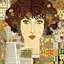 Placeholder: paper collage of a portrait, newspaper pages and wallpaper, background patterned wallpaper, by artist "Gustav Klimt"