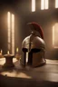 Placeholder: The Roman centurion's helmet lies on an old cracked wooden table. Next to it on the table is a cross on a string and a scroll of parchment. A ray of sunlight reflects off the helmet. All around is the entourage of ancient Rome. High quality image in 8K