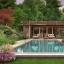 Placeholder: a gorgeous, stunning garden deck with rustic floor, wicker furniture, tranquil pool surrounded by smooth stones, multiple candles, plants, cozy, 8k resolution, high-quality, fine-detail, digital art, detailed matte, volumetric lighting, illustration, 3D octane render, brian froud, howard lyon, selina french, annie stokes, lisa parker, greg rutowski