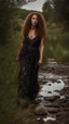 Placeholder: full body shot of a very beautiful lady curly hair, walks in the country side with a narrow river with clean water and nice rocks on floor. The trees and wild flowers .