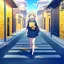 Placeholder: anime girl walking down a yellow brick road, road signs, arrows, direction, anime girl walking,