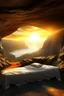 Placeholder: Imagine a surreal landscape at sunrise with a cave tomb in the side of the hill and a stone slab rolled back from the entrance. Inside the cave you can see a shroud folded neatly on the bed where a body would lay. Through an opening in the cave wall you can see the sunrise and two winged angels