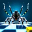 Placeholder: close up of a large hairy blue spider smiling and playing chess, photorealistic, blender render, wide angle lens, 4k, two birds, jungle,