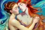 Placeholder: colourful digital painting of beautiful aphrodite full body embracing old man, in the style of hokusai and van gogh