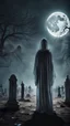 Placeholder: An eerie-looking transparent figure in a robe stands in the center of an abandoned cemetery, full moon