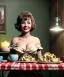 Placeholder: Ultra realistic photographic portrait, happy young Gina Lollobrigida woman sitting with arms resting on Italian kitchen table, pretty tortellini dish, retro dress by 1960, classic style decoration, cold, soft color, highly detailed, unreal engine 5, ray tracing, RTX, lumen lighting, ultra detail, volumetric lighting, high definition.