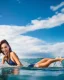 Placeholder: close up shot of very beautiful model girl swimming in water wearing swim suit ,country side ,nice cloudy sky,country houses