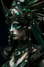 Placeholder: Beautiful faced Warrior Princess portrait In opal and malachite stone ribbed ,textured metallic and black pearl floral ribbed leather vantablack techno dark goth armour, wearing malachite stone and quartz stone ornated Warrior floral headress vantablack techno shamanism, agate stone, azurit and quartz beads troyan costume organic bio spinal riibbed detail of etherial rainy background extremely detailed hyperrealistic intricate athmospheric full body portrait