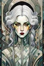 Placeholder: create an abstract, cubist, highly ethereal, darkly magical full body illustration of a deeply sorrowful, silver haired, vampire girl with highly detailed and deeply cut facial features, in the style of GUSTAV KLIMT, EDWARD BURNE-JONES, WILLIAM MORRIS, and KATHE KOLLWITZ combined with the comic art style of BILL SIENKIEWICZ and JEAN GIRAUD MOEBIUS, searing lines and forceful strokes, precisely drawn, inked, and darkly colored