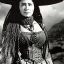 Placeholder: detailed matte painting of beautiful female mexican outlaw wearing holster with two guns on waist and two rows of bullets in bandolier across chest in front of adobe house, long black wavy hair, gorgeous, stunning face, 8k, high-quality, ultra-fine detail, 1800s wild west, brian froud, howard lyon, selina french, anna dittmann, annie stokes, lisa parker, greg rutowski,