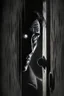 Placeholder: The man standing on the other side of the door, looking through the peephole with a suspicious expression on his face, modifiers: dark, Moody, shadowy, Low angle, film noir, Highly detailed, Digital painting, Artstation, Sharp focus, contrast, Contrasting colors, mystery, suspenseful, thriller, Expressionism, trending on deviantart, art by jock and sean phillips.