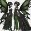 Placeholder: Full body, gothic woman with a bob with a fringe hairstyle, steampunk metal moth wings, green markings, black background