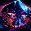 Placeholder: landscape ultra realistic, beautiful, dwarfs in hippie clothes, trippy shiny mushroom city in dark colors, cave