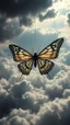 Placeholder: A huge spiderweb above swirling clouds, emerges from the heart of a raging storm. Turbulent winds of steam swirl around the iconic structure, lit by shafts of sunlight that cast dramatic shadows on the A beautiful butterfly in the clouds , High quality 16k cinematic scene and great photography