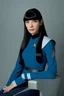 Placeholder: full color Portrait of 18-year-old prude Lenna Nimoy, with long, straight black hair, the bangs cut straight across the forehead, wearing blue star trek uniform - well-lit, UHD, 1080p, professional quality, 35mm photograph by Scott Kendall