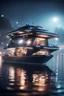 Placeholder: a misty catamaran modular house boat that looks like a dark twisted alien space ship with spotlights, in advanced hi tech dock, bokeh like f/0.8, tilt-shift lens 8k, high detail, smooth render, down-light, unreal engine, prize winning