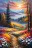 Placeholder: a field filled with lots of flowers next to a forest, footsteps in the snow, beautiful master painting, splashes of colors, path, very attractive and beautiful clouds, ( land ), pathway, color splashes, beautiful view, soft edges, stunning screensaver.