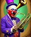 Placeholder: mechanoid happy old friendly fat clown playing jazz with a steampunk theme, trumpet, realistic