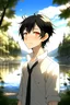 Placeholder: Little anime Boy, black hair with gray streaks, medium length hair, slightly curly, Right eye gold and left eye silver , beautiful, burn on the side of his face. He has a burn mark on the side of his face and neck ، He wears a white shirt and Black pants stand in forst Background forest, lake and clear sky