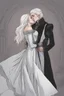 Placeholder: Strahd Von Zarovich being kissed by a beautiful woman with white hair, wearing an off the shoulder dress. Settling and background are a lavish toomb with an ebony coffin.