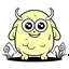 Placeholder: Make black and white cute drawing of a Cyclops with black bold lines. Only outline, no grayscale. A kind and gentle cyclops holding a flower in one hand, Place him in a green valley surrounded by sheep, emphasizing his softer side.