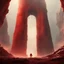 Placeholder: Painting. Mysterious huge ancient Rocky pillar with scifi gate attached with a astronaut (red suit) standing near the gate, destroyed, foggy condition wide-angle, cinematic lighting, perfect golden ratio composition detailed ground environment, haze, ultra-detailed, film photography, light leaks, Larry Bud Melman, trending on artstation, sharp focus, studio photo, intricate details, highly detailed painting