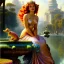 Placeholder: Hyperdetailed oil on canvas, young robyn lively sits by the ornate fountain, goldfish pond, lotus, detailed face, long red curly hair; by gaspar camps, maxfield parrish, alphonse mucha, cyril rolando, dan mumford; luminous colorful sparkles, glitter, airbrush, octane render, volumetric lighting, 16k