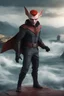 Placeholder: full body, head to toe, 3D, an anthropomorphic vampire bat man, with short, pixie-cut, (((red hair))) tapered on the sides - full color - 32k, UHD, 1080p, 8 x 10, glossy professional quality digital photograph - raging sea and mountains and a ship in the background, historic, powerful, exquisite detail, sharp - focus, ((skin details, high detailed skin texture))