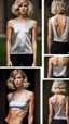 Placeholder: photography of a beautiful anorexic woman, silver satin neckholder top, sports illustrated, blond short wavy bob haircut, pronounced sternum