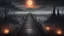 Placeholder: walking straight ahead over a wooden bridge, holding the angel of death with your right hand, entering the fog at the end of the road that leads to the afterlife, and a beautiful sunset and galaxy's behind the fog, realistic