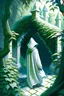 Placeholder: Castle hedge maze with hooded figure in white robes rpg art painterly