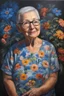 Placeholder: Oil paint on canvas, chiaroscuro, deep shadows, masterpiece, happy, 2020 caught off guard, 69-year-old Phyllis Kendall, short buzz-cut straight, dark salt and pepper hair, overweight, blue eyes, great big, round lensed eyeglasses, wearing a black, floral print, short-sleeved, pull-over shirt, dark blue sweatpants, sitting at the computer checking her emails