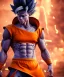 Placeholder: Goku, fighting pose, muscular body, shirtless, volumetric details, hyper realism, unreal engine 5