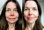 Placeholder: A selfie of a brunette woman, middle long hair, showing a 39-year-old European woman. She has white skin, tousled brown hair, face without makeup, big round dark brown eyes, cute nose, detailed full lips, skin texture. Split screen and show the same face but 15 years older