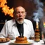 Placeholder: Charles Bukowski participate au meilleur pâtissier 2020, his cigarette in the mouth and a bottle of rhum for his dessert un épais flaming baba au rhum in fire