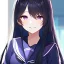 Placeholder: Clear focus,8k,Beatiful Lighting,Beatiful Blur,Beatiful Face,Beatiful Shading,Black long hair,silky hair, long silky bangs, Purple eyes, wearing a sailor uniform outfit, extreme close up, Hair in eyes, lot of hair, Line art, Happy, Smiling